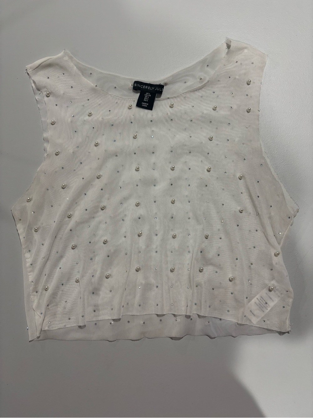 Sincerly Jules White Pearl & Rhinestone Sleeveless Crop Top